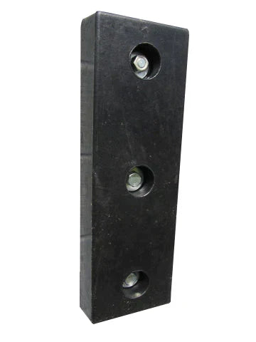 Black rubber dock bumper block with three bolts fitted through its fixing holes