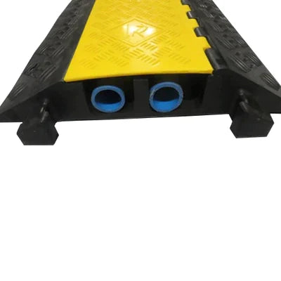 Two-channel cable ramp with its yellow lid open, showing blue cable sleeves inside
