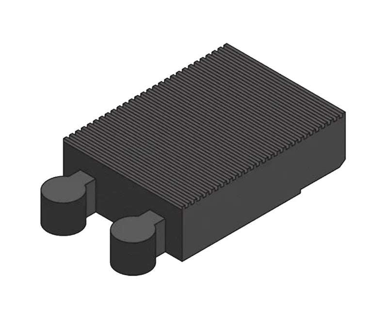 3D render of the ribbed black rubber block with two cylindrical pegs on one edge