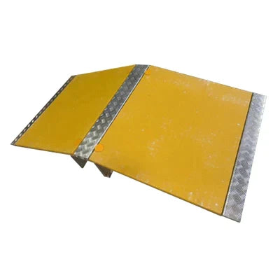 Yellow two-wing walkover ramp with galvanised chequer-plate spine and edging, angled product shot