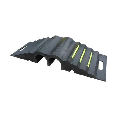 Three-quarter view of the black rubber protector with three yellow strips, ribbed tread and oval carry slots