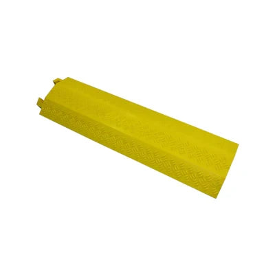 Yellow 1m cable cover at an angle, showing the ridged non-slip top and interlocking end tabs