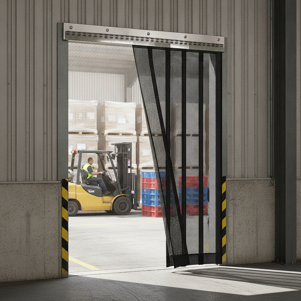 Flymesh mesh strip curtain at warehouse loading bay door - insect barrier for industrial use