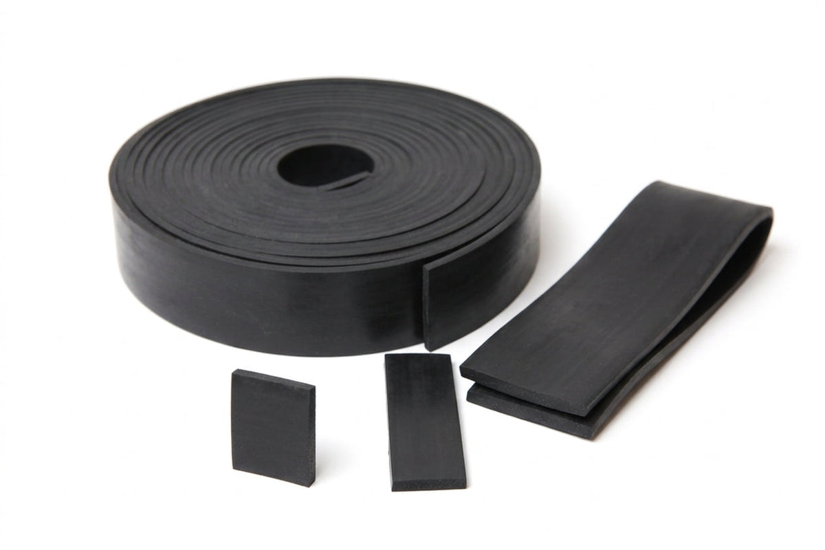 Rectangular rubber strip shown as a coiled roll alongside cut sample pieces