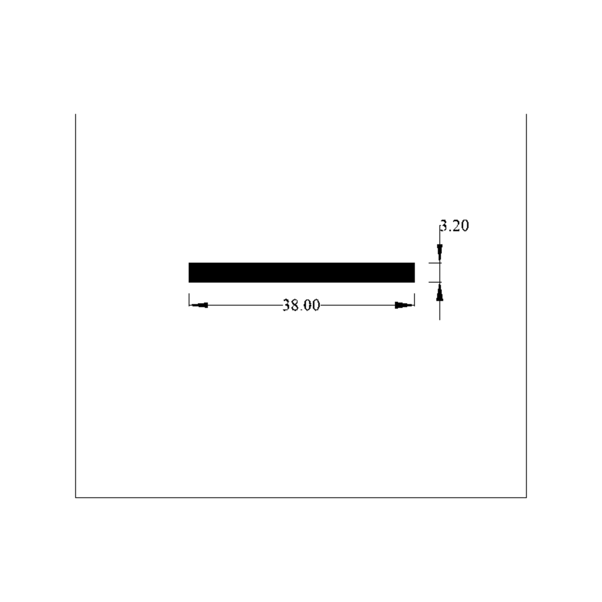 Cross-section diagram of the rectangular rubber strip, 38.00mm x 3.20mm marked