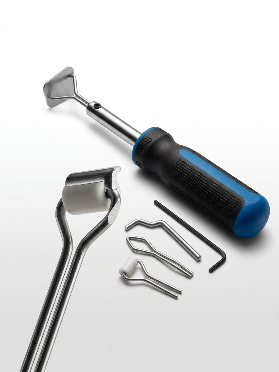 Glazing strip fitting tool with blue-grip handle and spare fitting heads laid out