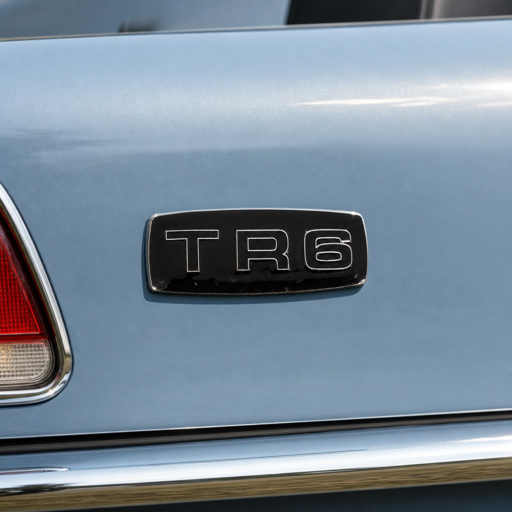 Black TR6 grill badge fitted to the boot of a light blue Triumph, close-up