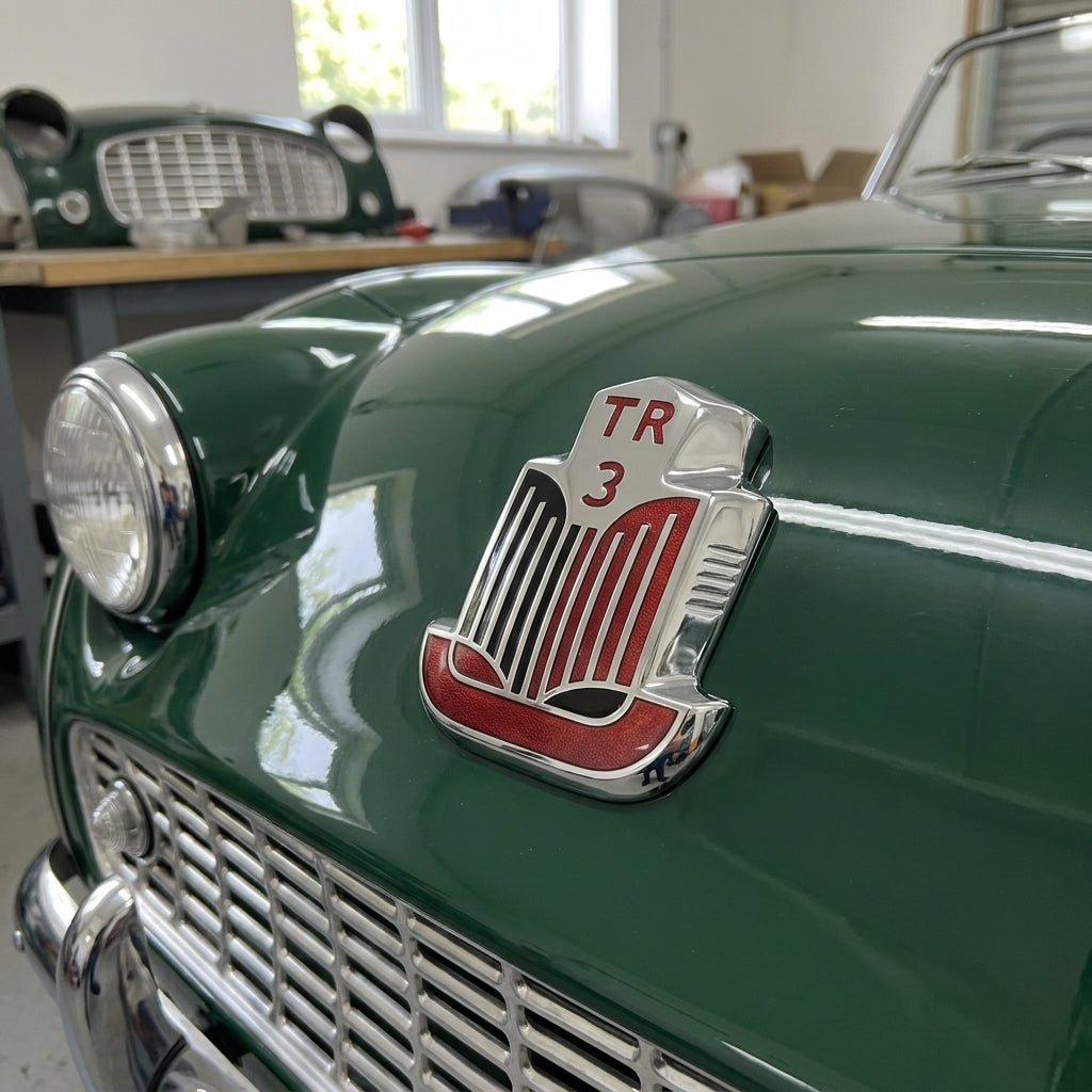 TR3 badge fitted to a green Triumph's bonnet, close-up beside the headlamp