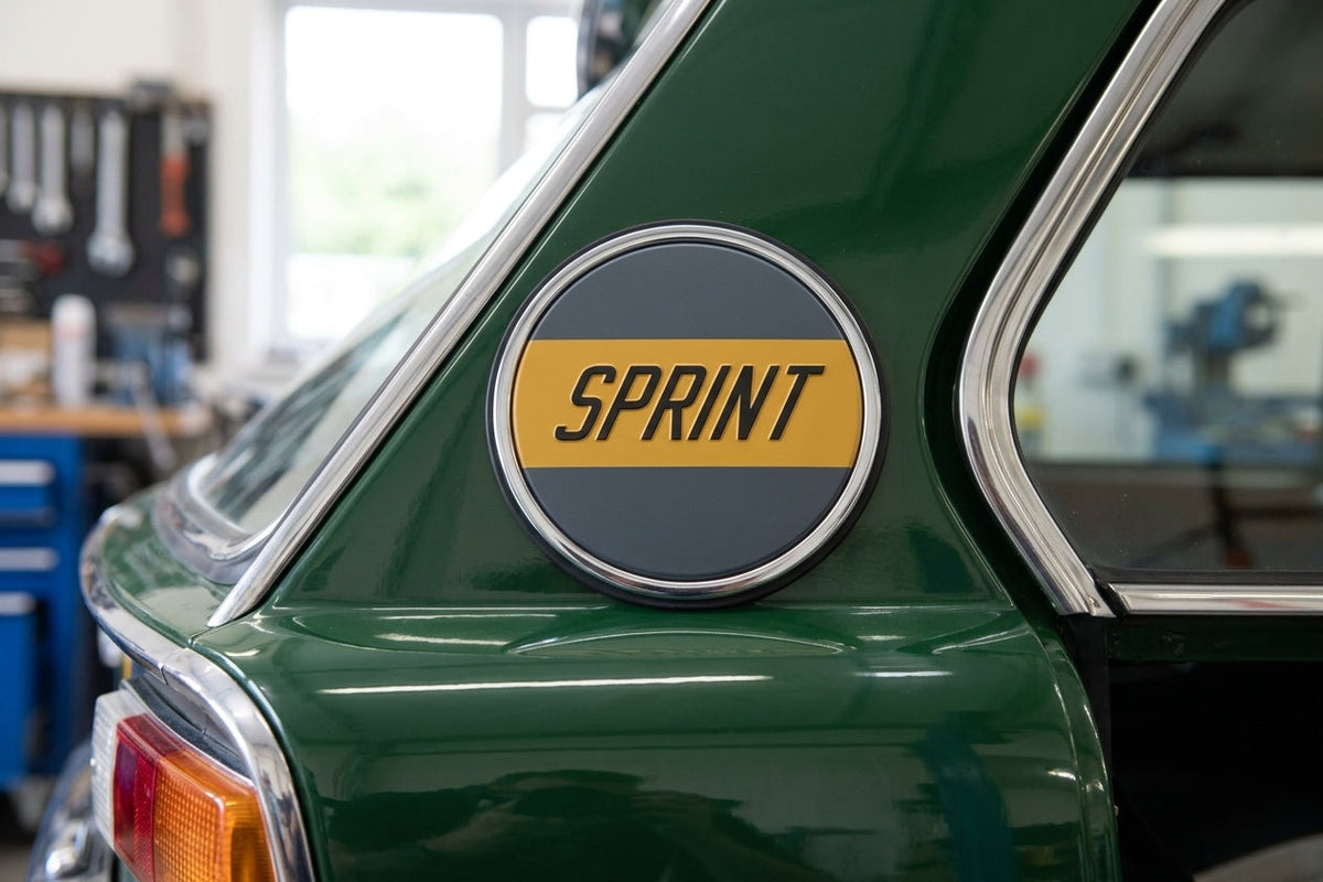 Round grey badge with an amber SPRINT band, fitted to the rear quarter panel of a green car