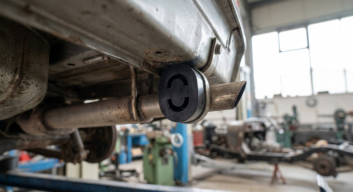 Black tailpipe mounting block fitted under a classic car in a workshop