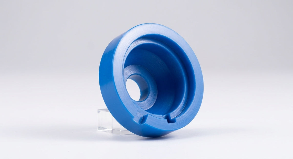 Blue polyurethane differential mounting cone, angled studio shot