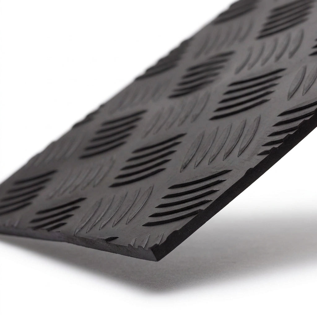 Black rubber chequer plate matting, angled close-up studio shot