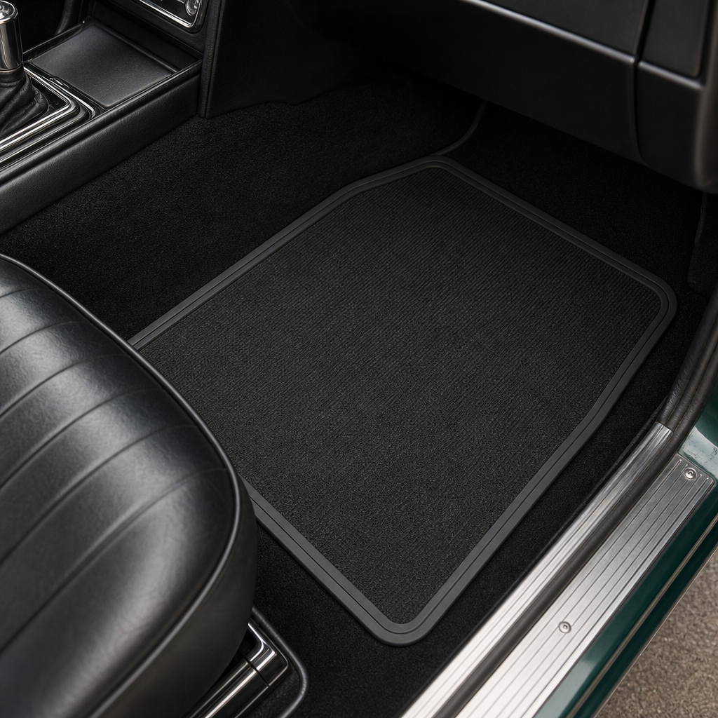 Ribbed floor mat fitted in a classic car footwell, in-situ shot