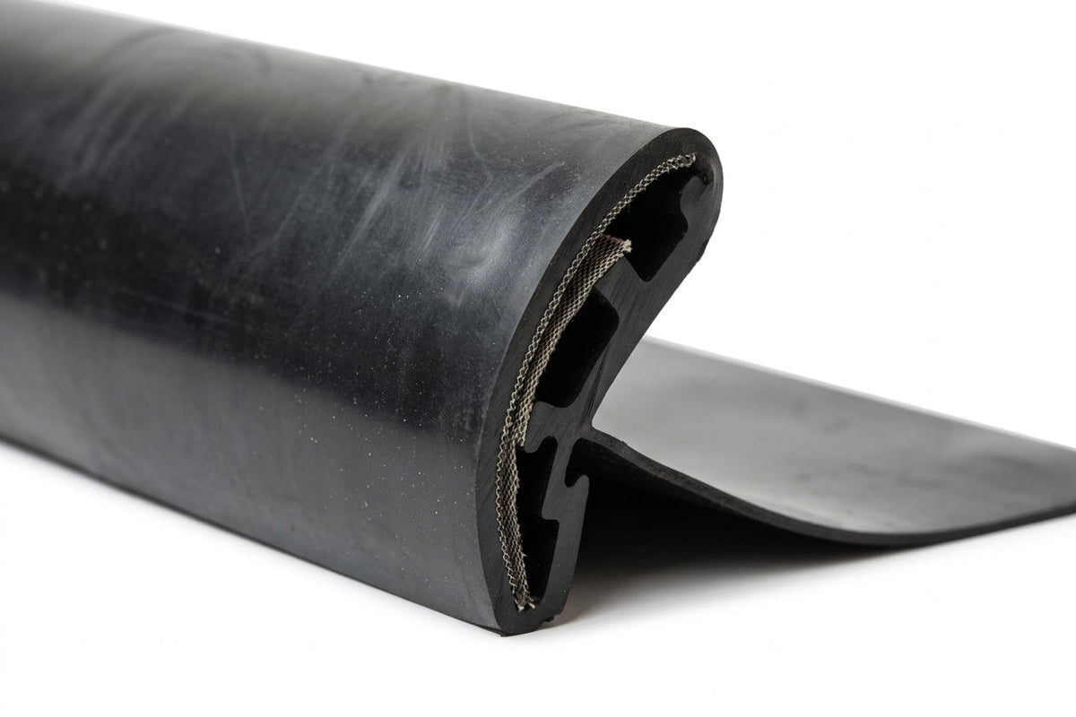 Rolled black rubber sheet with canvas cord visible along the folded edge