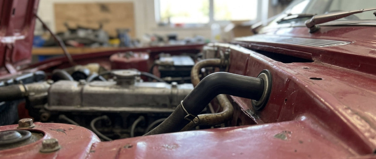 Black elbow connector hose fitted in the engine bay of a red Triumph Stag