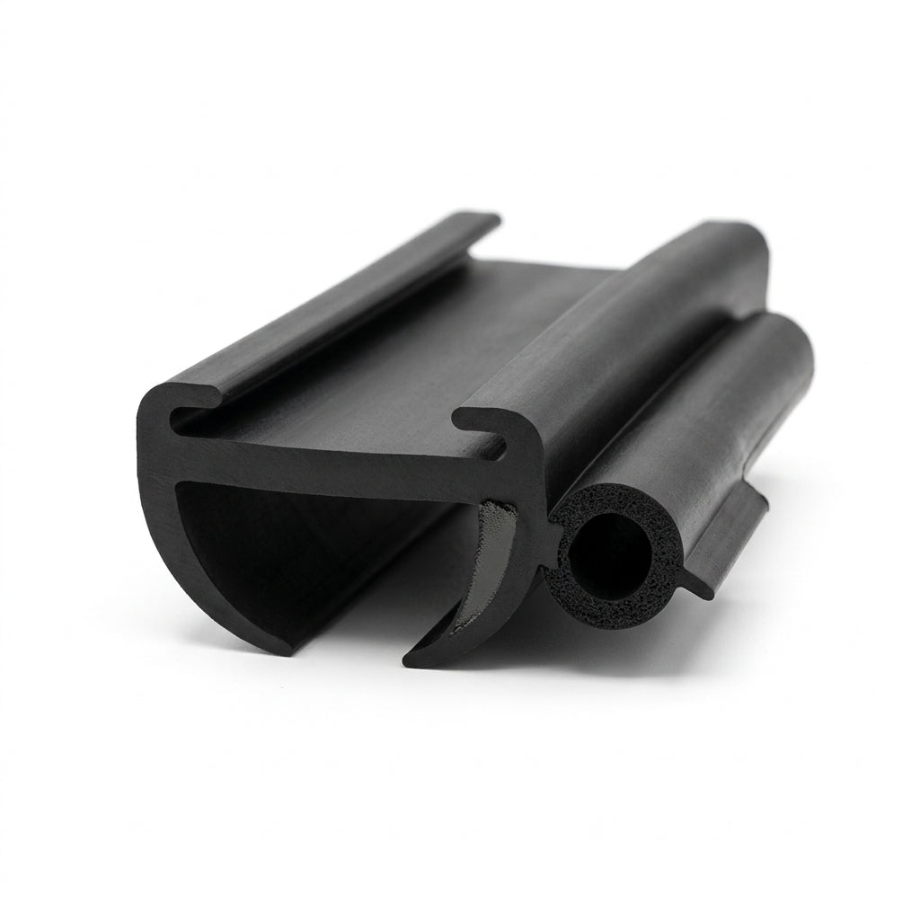 Black rubber window seal length with cut end showing hollow sponge tube bulb