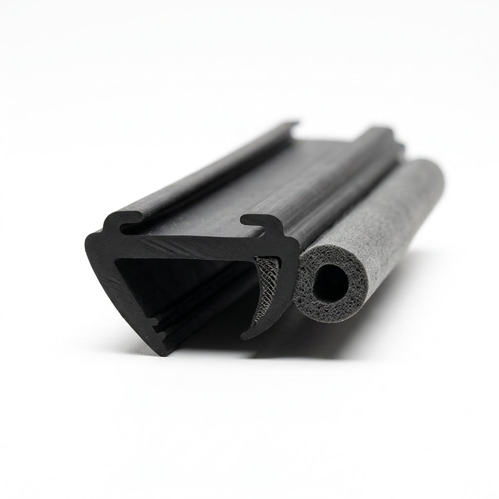 Black rubber window seal length with cut end showing grey textured sponge bulb