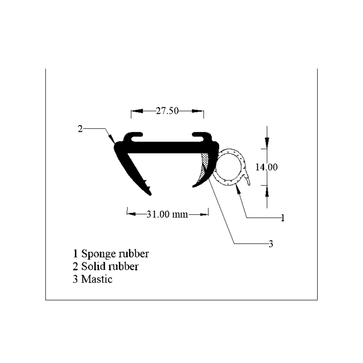 Technical diagram of window seal profile, 31.00mm wide with sponge and solid rubber layers