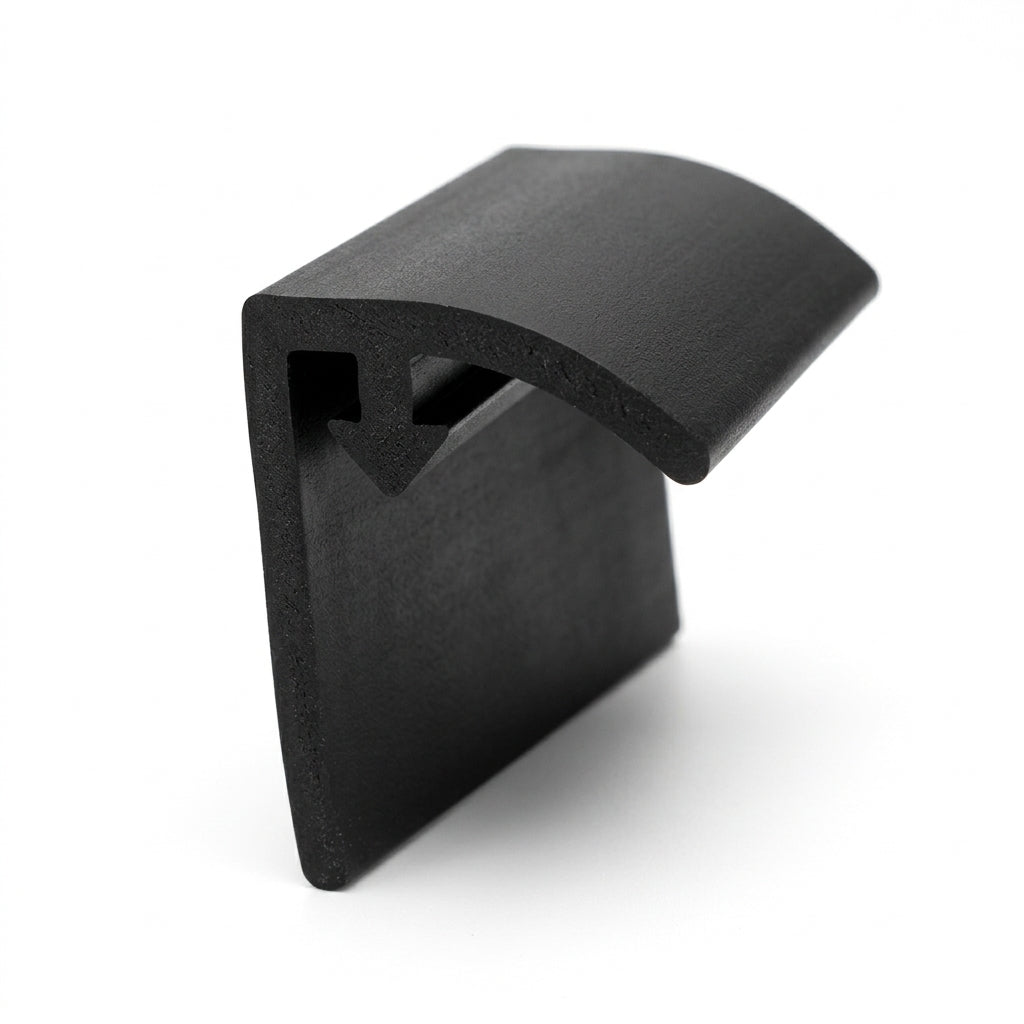 Black PVC door seal standing upright, curved flag over a hooked base