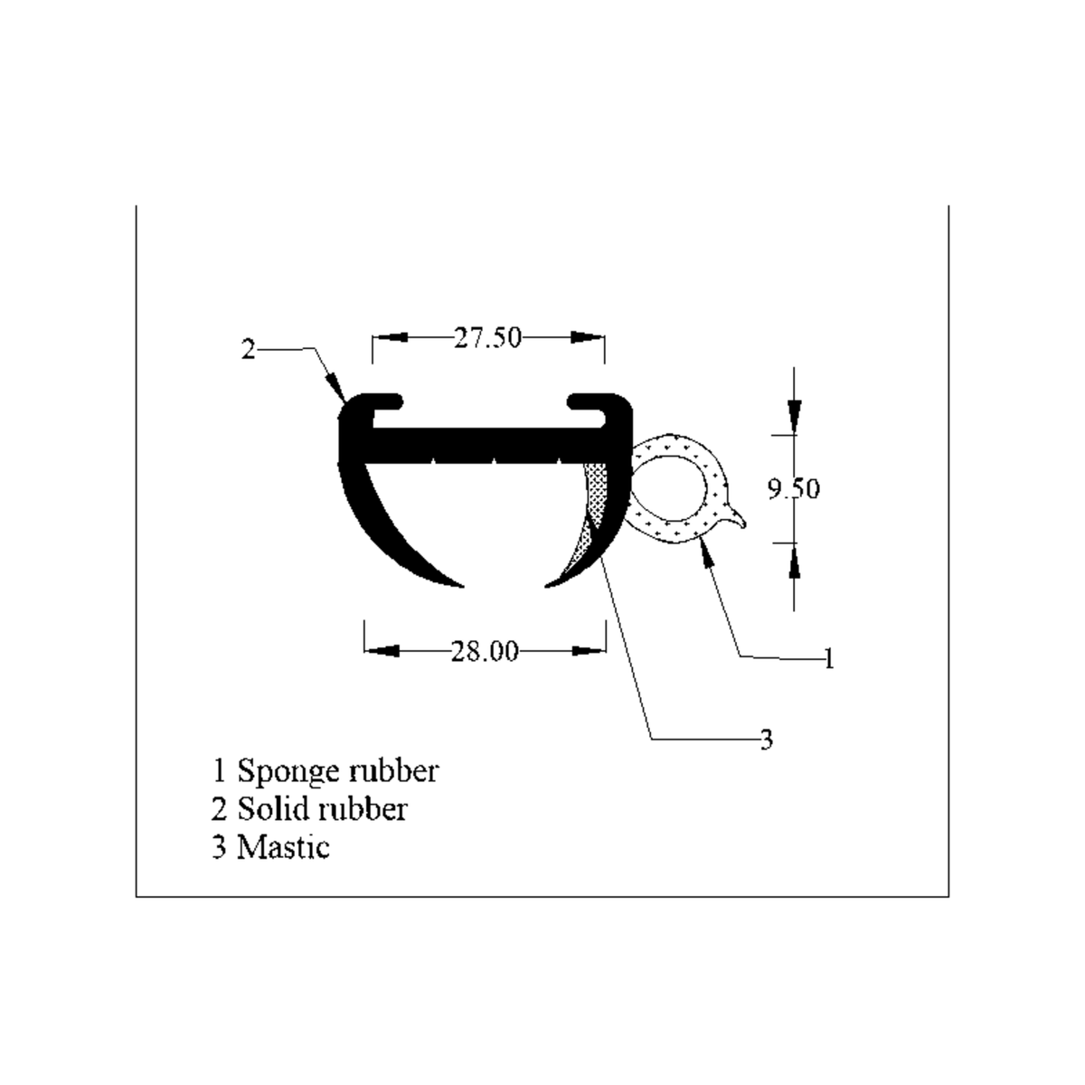 Technical diagram of window seal profile, 28.00mm wide with sponge and solid rubber layers