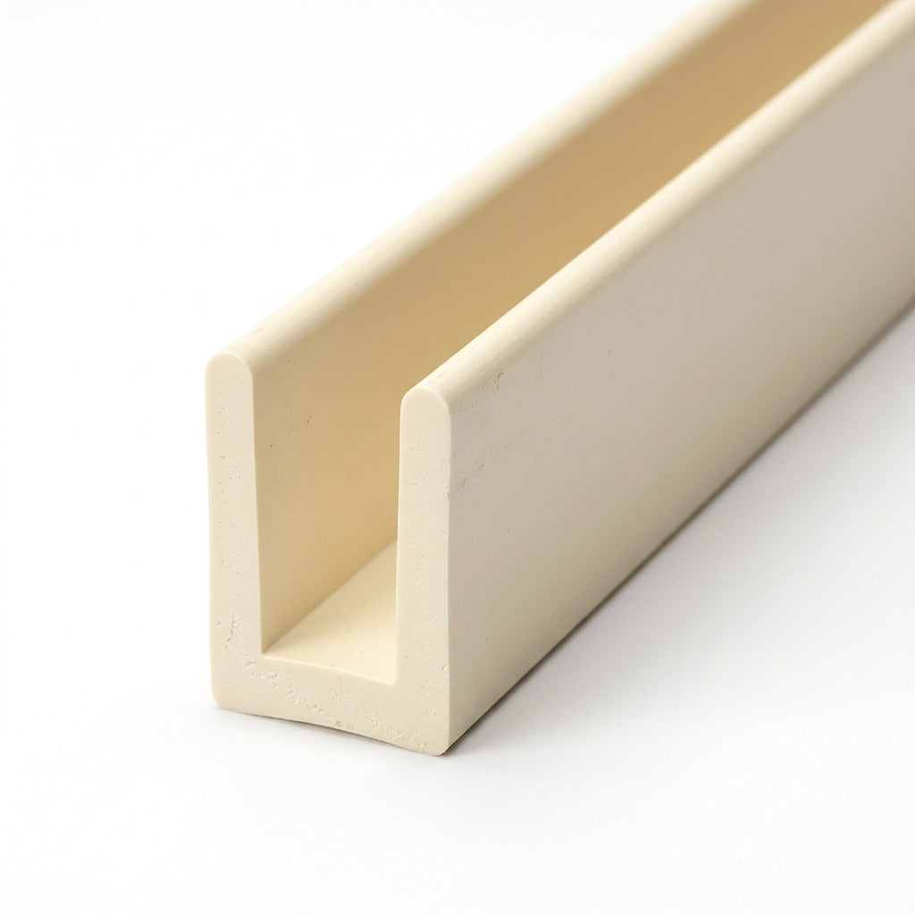 Cream PVC U-shaped edge trim profile shown at an angle on a white background