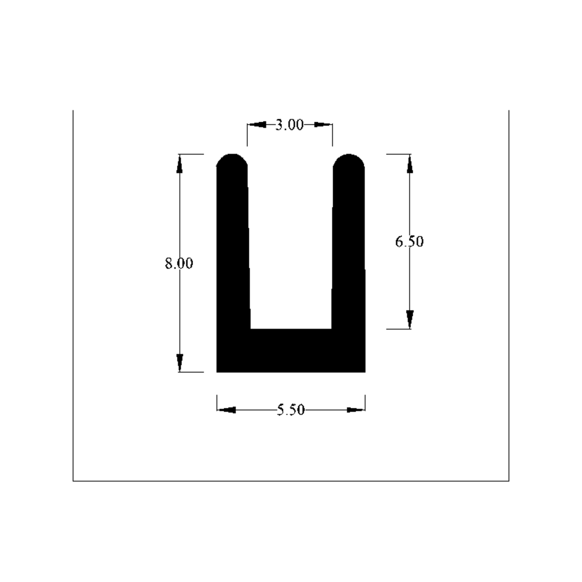 Technical diagram of the U-shaped trim profile with 5.50mm width and 8.00mm height