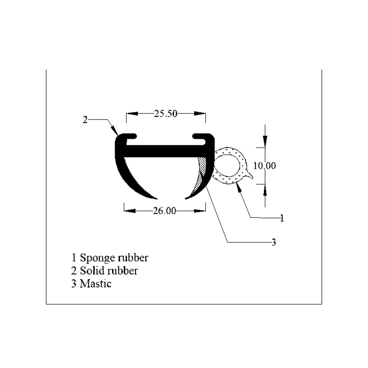 Technical diagram of window seal profile, 26.00mm wide with sponge and solid rubber layers
