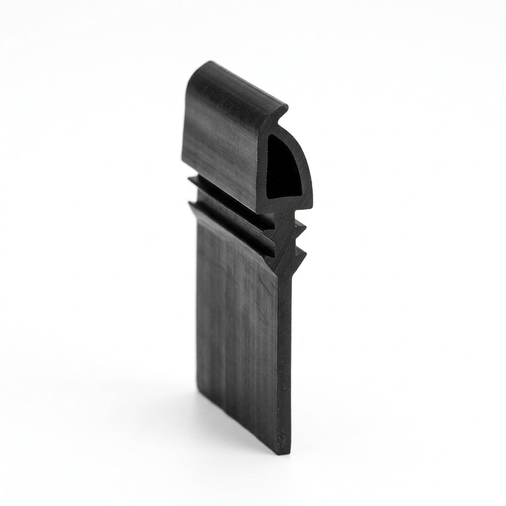 Black rubber roof light seal standing upright, tapered bulb above ribbed base leg