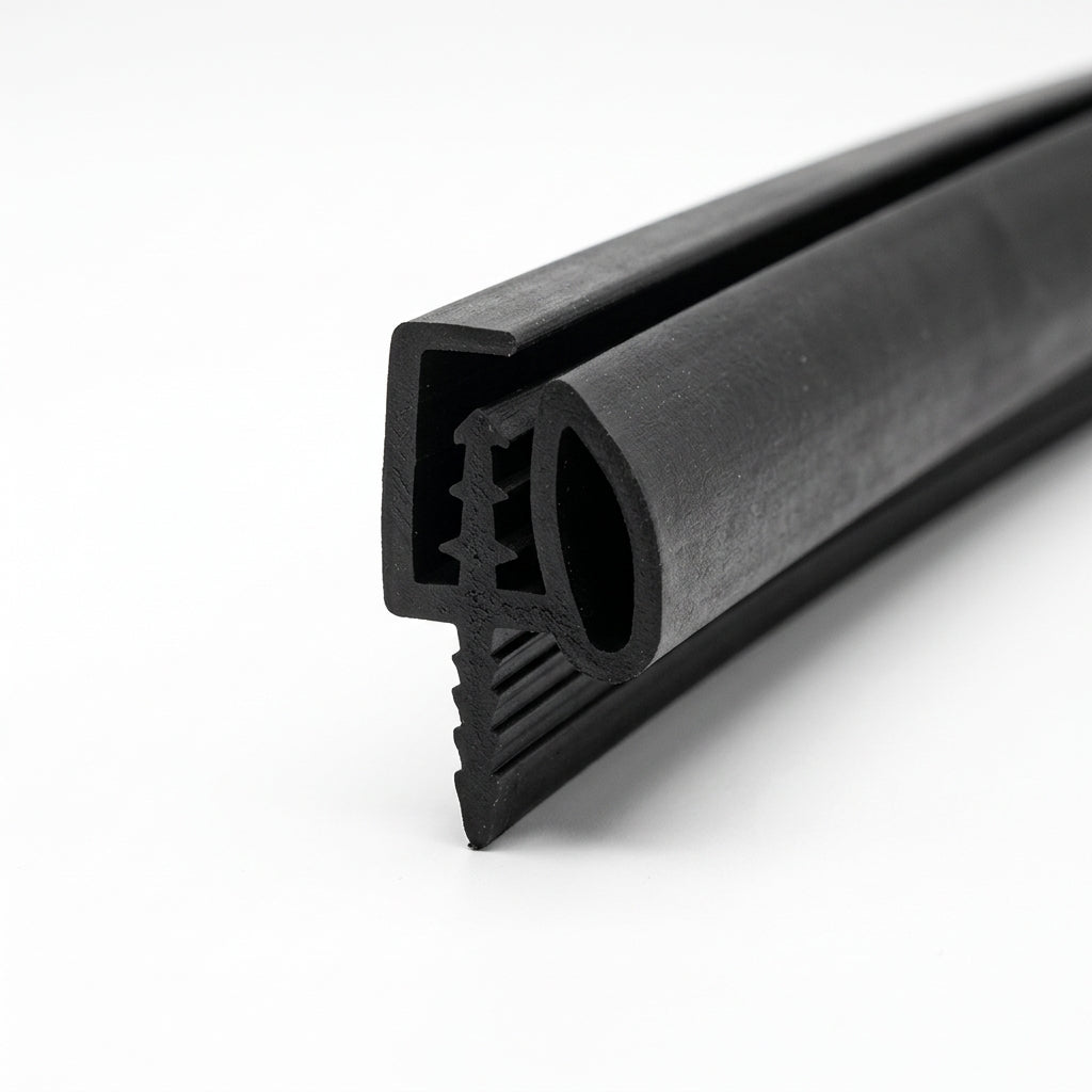 Black rubber door seal length viewed at an angle, hook base and hollow bulb