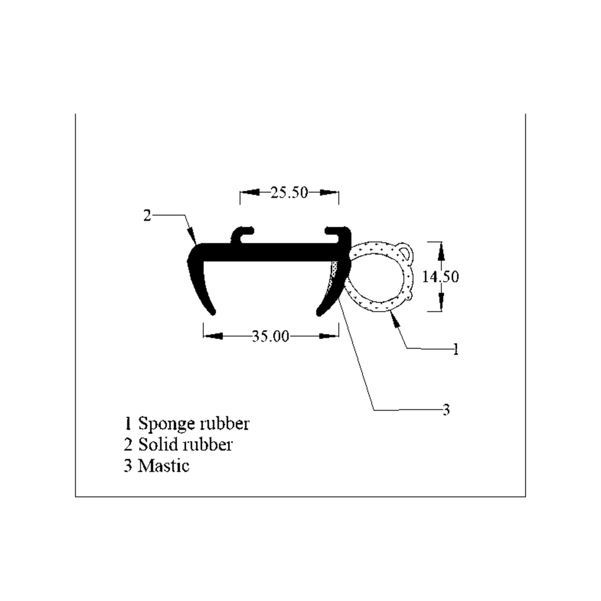 Technical diagram of window seal profile, 35.00mm wide with sponge and solid rubber layers