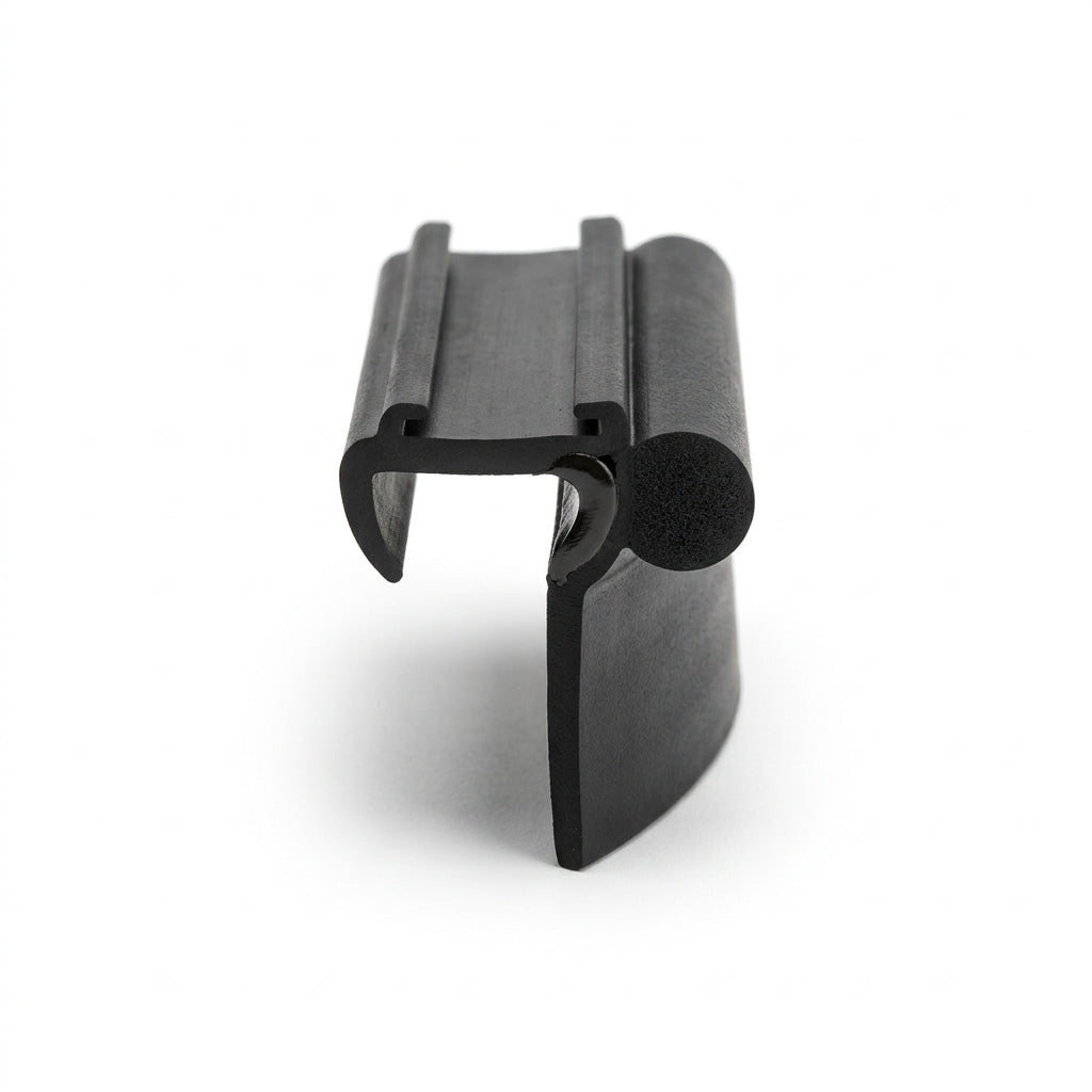 Black rubber window seal end-on, showing gripper channel and round sponge bulb