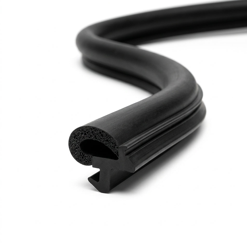Black rubber battery box seal coiled, showing sponge bulb and gripper leg