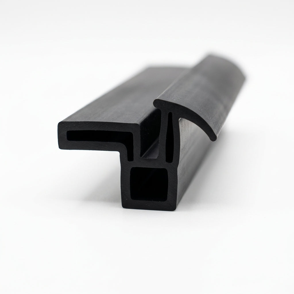 Black rubber sink seal length shown at an angle, stepped channel with side flap