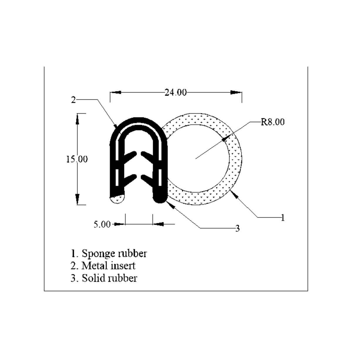 Technical line drawing of self-grip rubber seal profile with metal insert, dimensions in mm