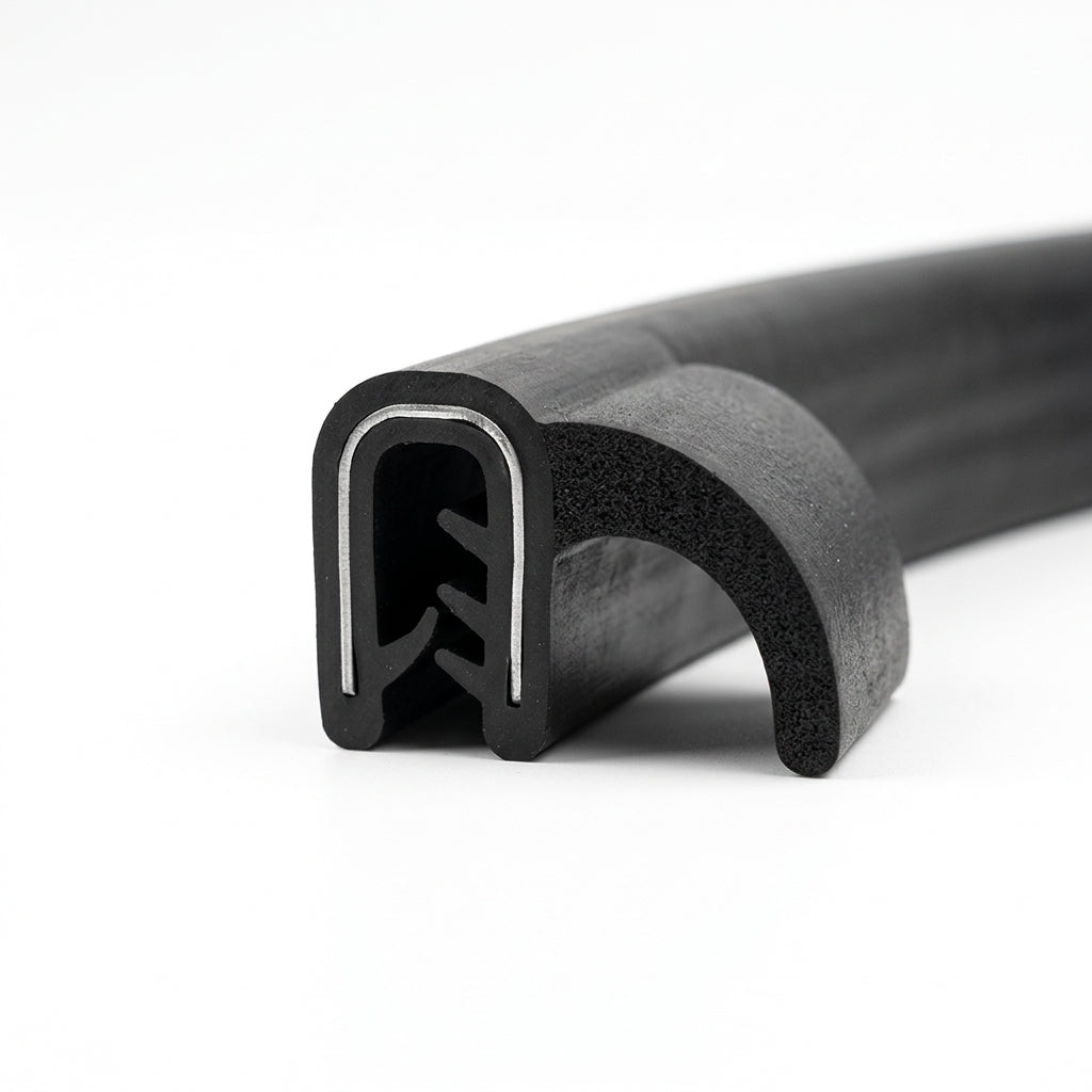 Arch-bent length of self grip side tail seal with a hook-curved sponge tail trailing the grip