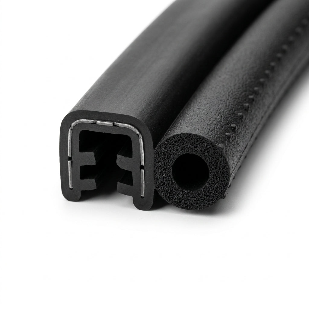 Straight length of self grip side seal with a large hollow round sponge bulb and metal grip