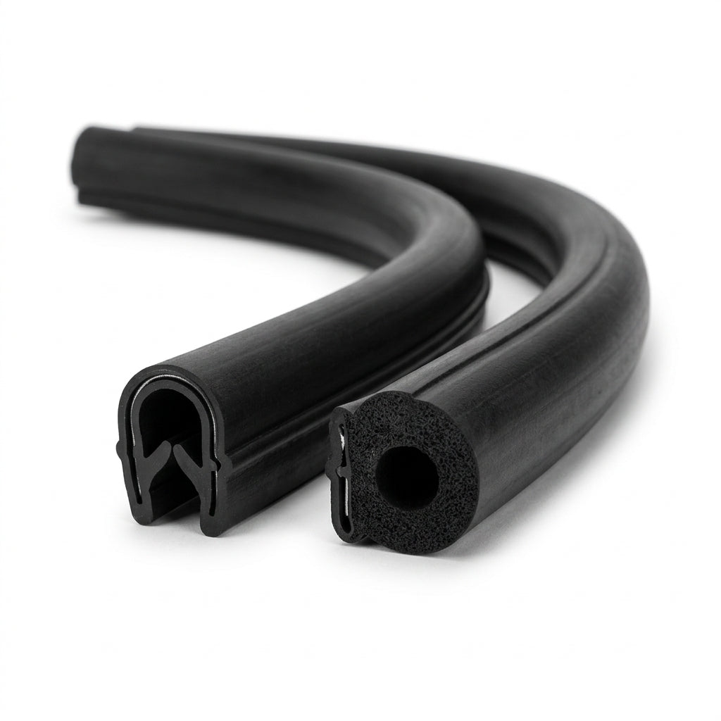 Two coiled lengths of black rubber side seal, one solid bulb and one sponge profile