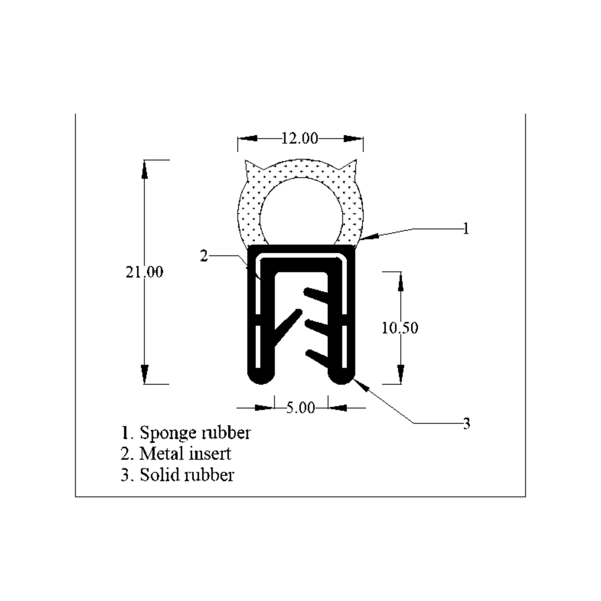 Cross-section diagram of sponge rubber bulb, metal insert and solid rubber grip, centred bulb, mm dims
