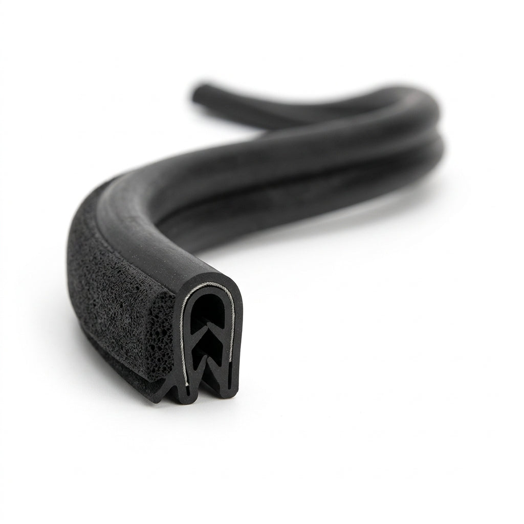S-coiled black self grip side seal with a round sponge bulb offset to the side and toothed metal grip