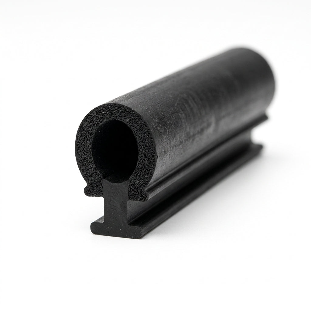 Angled studio shot of black sponge door seal with a round bulb on a T-shaped foot, porous bore visible.