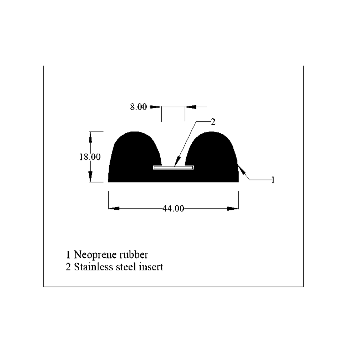 Dimensioned cross-section diagram of the double-D fender, 44mm wide by 18mm high, with steel insert labelled