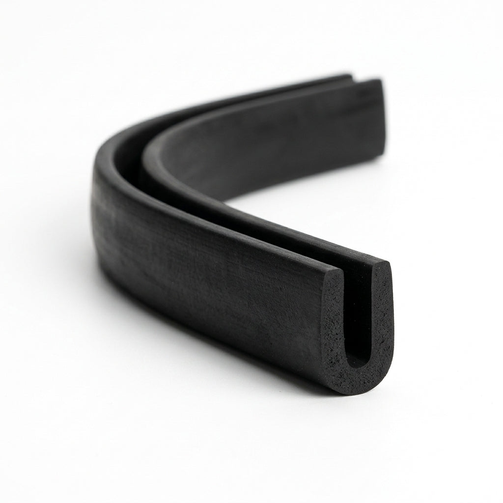 Black EPDM U-channel profile shown as coiled S-curved length