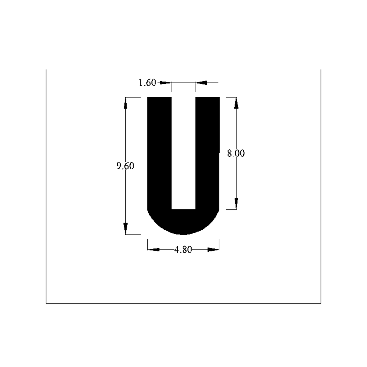 Cross-section diagram of rounded U-channel trim, 9.60mm high x 4.80mm wide dimensions shown