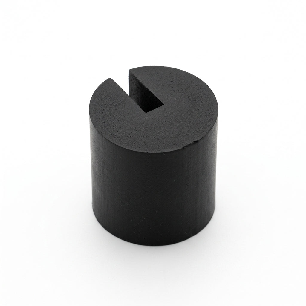Black EPDM round U-channel profile, end-on view showing V-shaped slit in cylindrical section