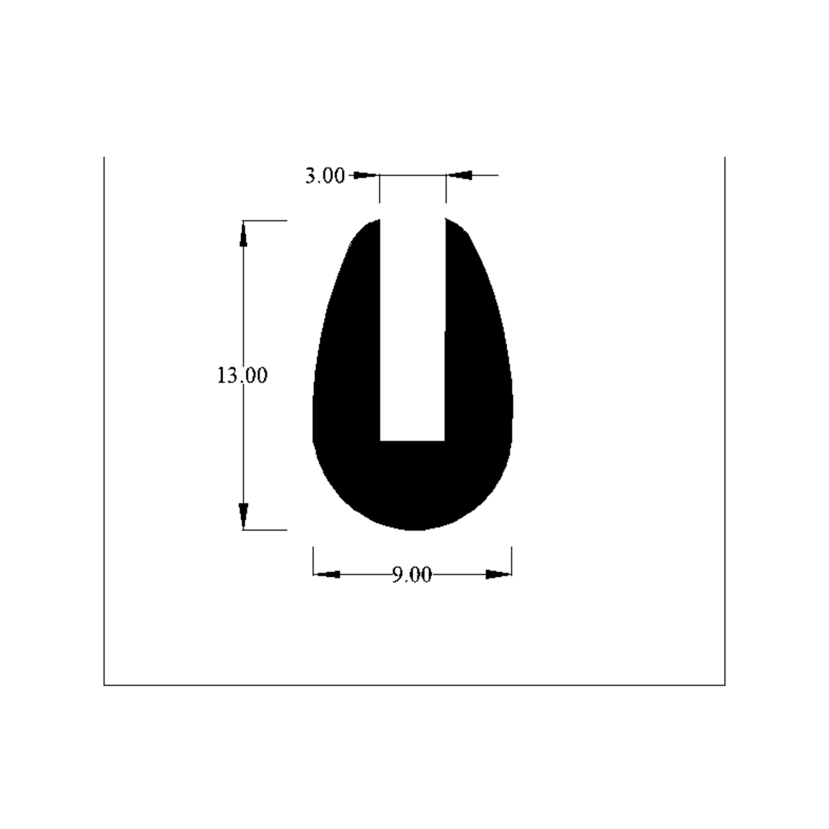 Cross-section diagram of teardrop U-channel trim, 13.00mm high x 9.00mm wide dimensions shown
