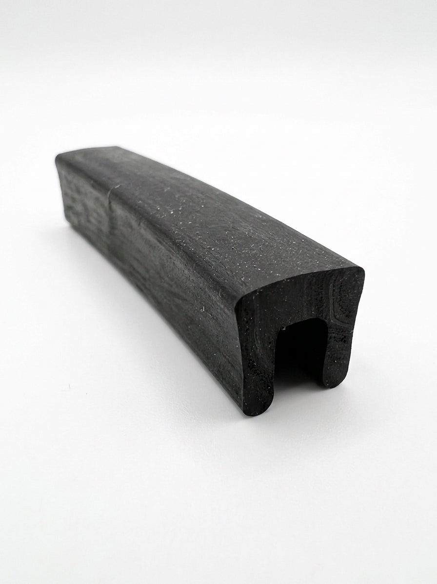Black EPDM U-channel profile length, plain studio photo showing square-ended groove