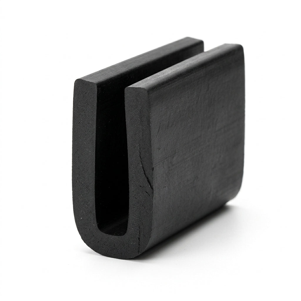 Black EPDM U-channel section standing upright, plain white background shot of square-ended block