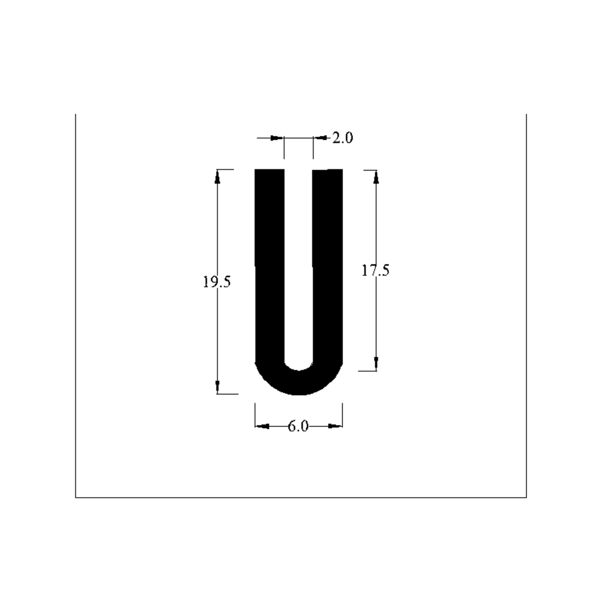 Cross-section diagram of U-channel section, 19.5mm high x 6.0mm wide dimensions shown
