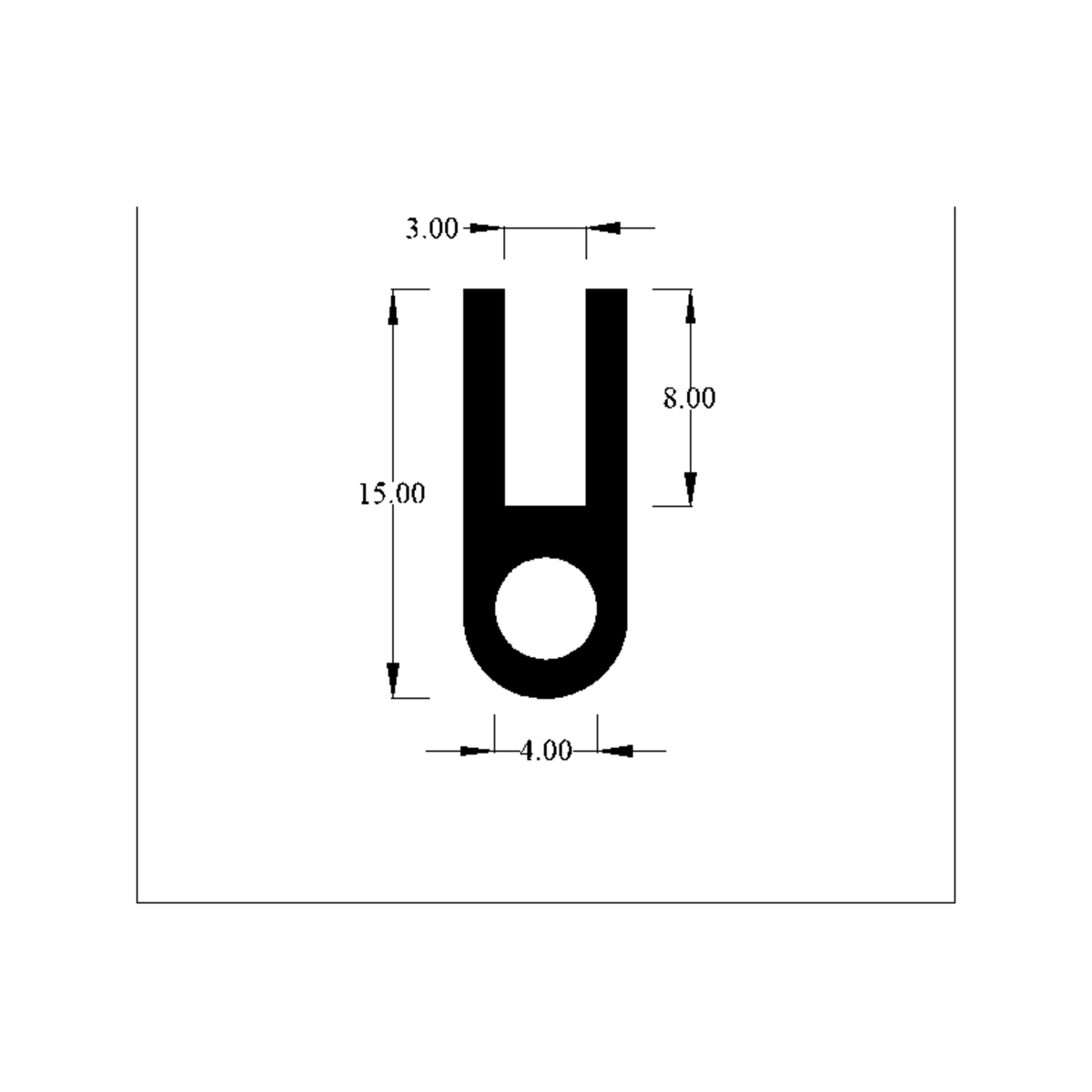 Cross-section diagram of a D-shaped door seal profile with round bulb, dimensions labelled.