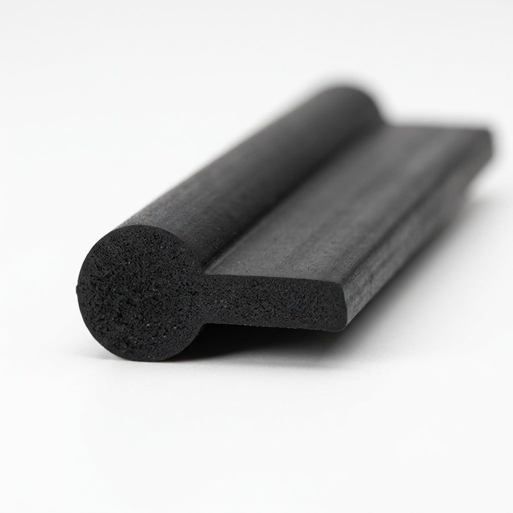 Black rubber P-profile with round bulb and flat tail, showing porous cut end
